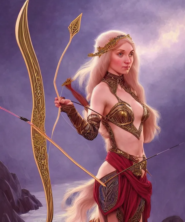 Image similar to aurora aksnes as a fantasy elf with a bow and arrow, portrait, fantasy, intricate, elegant, highly detailed, digital painting, artstation, concept art, smooth, sharp focus, illustration, art by artgerm and larry elmore and alphonse mucha