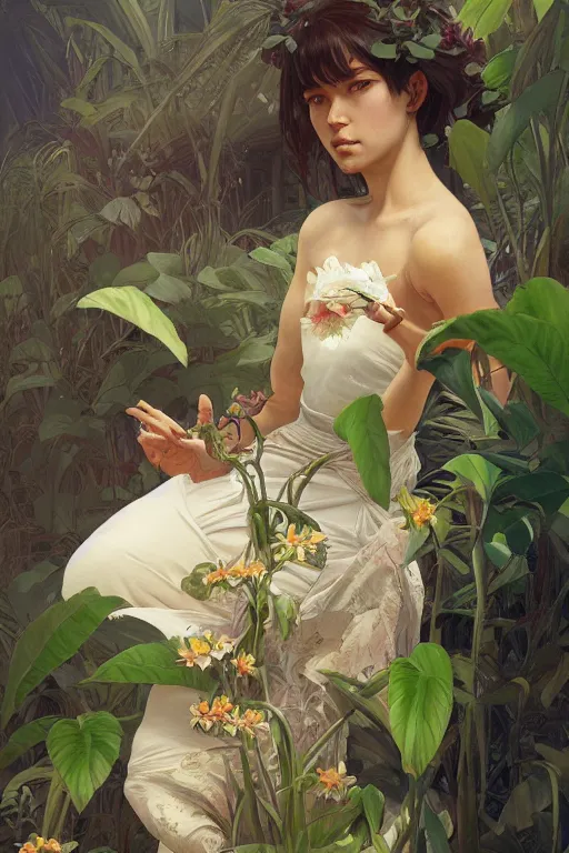 Prompt: ultra realistic illustration, banana plants drawing and flowers, japanese's art style, elegant, highly detailed, digital painting, concept art, smooth, sharp focus, illustration, art by greg rutkowski and alphonse mucha