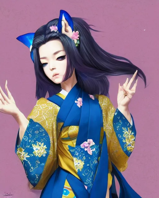 Image similar to Ssunbuki as a woman with fox ears and a royal blue kimono with gold flowers, Yakuza, visualartzi, korean, concept art by Karla Ortiz, James Paick, Charlie Bowater, Krenz Cushart, highly detailed, ultra detailed, ultra realistic, trending on artstation, cgstudio
