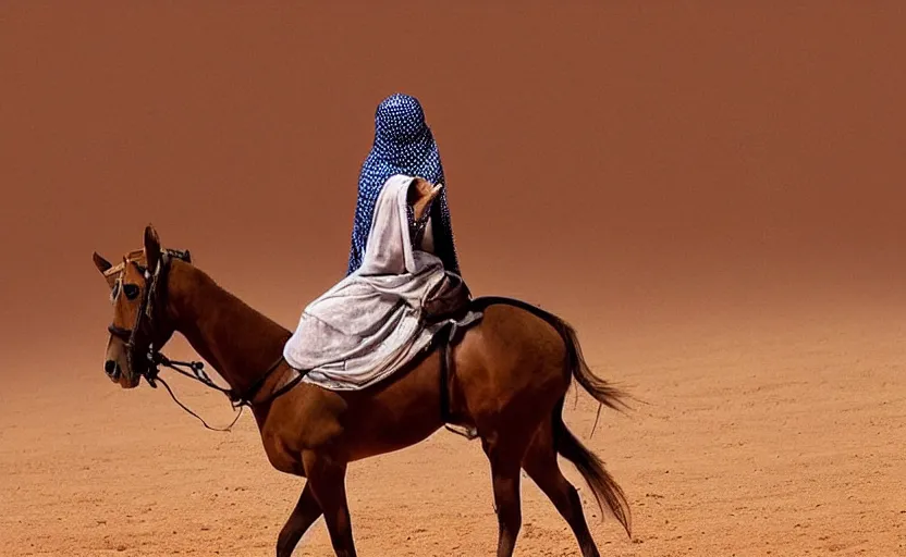 Prompt: beautiful burqa's woman, riding a horse!!! in saharan, sharp eyes, perfect dynamic posture, dust, cinematic, perfect dynamic pose, pinterest, very perfect position, award winning photo by national geographic, bokeh