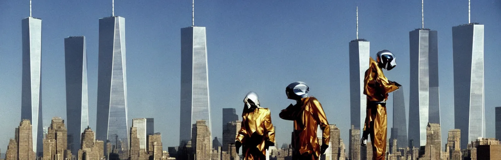 Prompt: “Mile-High Humanoid Robot versions of the Twin Towers ready themselves for battle gatchaman Gettyimages September 11 2001 hq ap photos CNN”