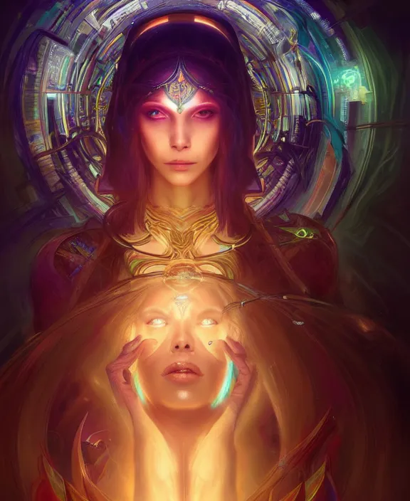 Image similar to a whirlwind of souls rushing inside the metaverse, half body, glowin eyes, tiara with sapphire, pharaoh, android, cyberpunk, d & d, fantasy, intricate, elegant, highly detailed, colorful, vivid color, digital painting, artstation, concept art, art by artgerm and greg rutkowski and alphonse mucha and ruan jia