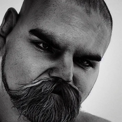 Image similar to A guy with a big moustache and a shaved head, 8k highly detailed face