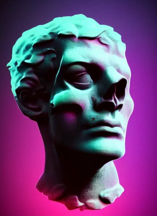 Image similar to statue of hercules, half his face as a skull, beeple, vaporwave, retrowave, abstract neon shapes, tonal separation, black background, glitch, pixel sorting, strong contrast, pinterest, trending on artstation