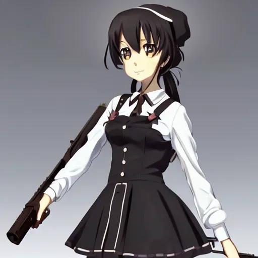 Prompt: portrait of anime maid maid dress with mosin rifle, anatomically correct!!, perfect figure, symmetry!!, key visual, kyoto animation, makoto shinkai, studio ghibli kushart krenz