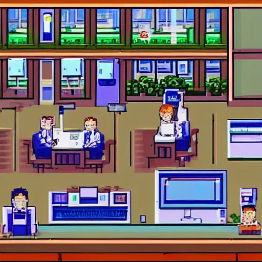 Prompt: pixel art of wallstreet office with brokers running between the bloomberg terminals, visual novel cg, 8 0 s anime vibe, vaporwave nostalgia, tsukihime, muv - luv, baldr sky, kimagure orange road, maison ikkoku, city hunter, great teacher onizuka