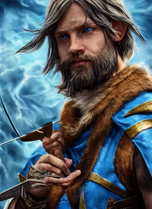 Image similar to A striking hyper real painting of a half elf ranger holding a cross bow with magic blue swirls, shaggy brown hair, scruffy beard, scar on face, blue tunic, unreal 5, DAZ, hyperrealistic, octane render, cosplay, RPG portrait, dynamic lighting