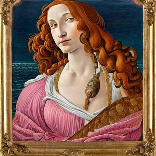 Image similar to an ultradetailed mythological oil painting of a beautiful woman with long brown hair, full body, wearing pink floral chiton, sleeping on a giant scallop shell, near the seashore, intricate lines, elegant, renaissance style, by sandro botticelli