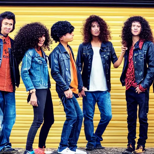 Image similar to Group of ethnically diverse 19-year-old boys and girls with long permed wavy brown hair and afros leather jacket and denim jeans, holding electric guitars, 2022, stoner rock, heavy rock, concert, live in concert, HD photography