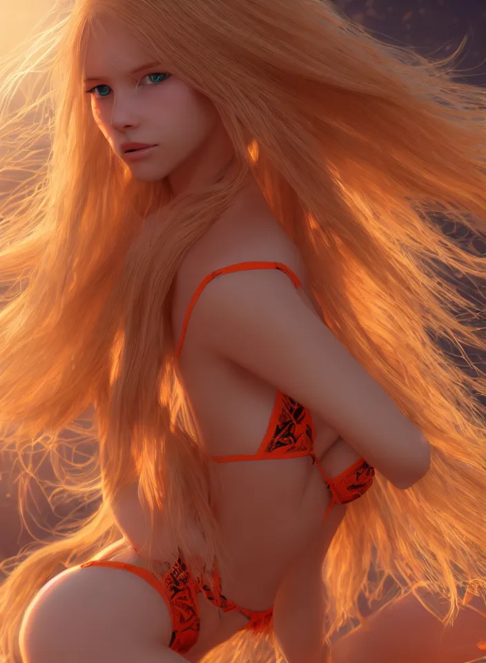 Image similar to beautiful blond woman in orange tribal bikini, long blond wild hair, by makoto shinkai, by eugene de blaas and ross tran, 8 k, high resolution render, cinematic color grading, intricately detailed, romantic, warm,