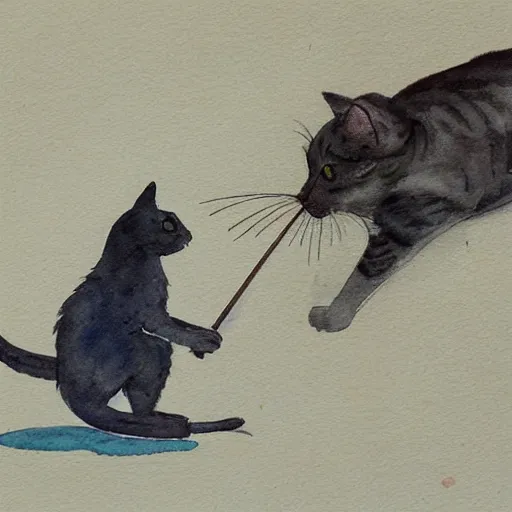 Image similar to a cat using a sniper rifle to hunt a mouse. watercolor.