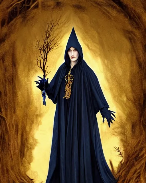 Prompt: wizard the sandman tom sturridge, long black hair blue wearing cloth mantle gothic navy cloak with gold details, tree town, fantasy character portrait, ultra realistic, intricate, elegant, cinematic lighting, highly detailed, trending cgsociety, artstation, smooth, sharp, focus, illustration, art by artgerm and greg rutkowski and alphonse mucha