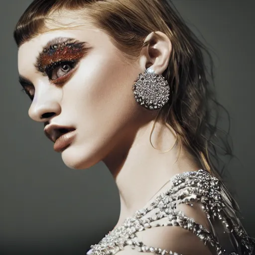 Prompt: close up of face of a fashion model in luxury dress, blurred background, official dior editorial, highly detailed