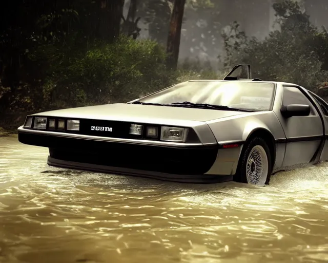 Image similar to delorean submerged under water, cinematic, photoreal, by red dead redemption 2