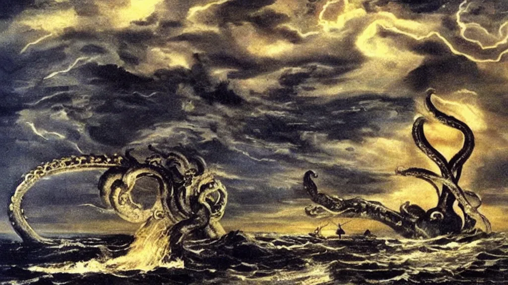 Prompt: a giant kraken emerges from the ocean on a beautiful dark night, flashes of lightning and fire, extraodinary masterpiece!!!!!!, by Salvador Dali