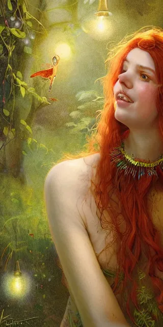 Prompt: young woman, smiling amazed of firefly lights, full covering intricate detailed dress, amidst nature, long red hair, precise linework, accurate green eyes, small nose with freckles, beautiful oval shape face, empathic, expressive emotions, dramatic lights, hyper realistic ultrafine art by artemisia gentileschi, jessica rossier, boris vallejo