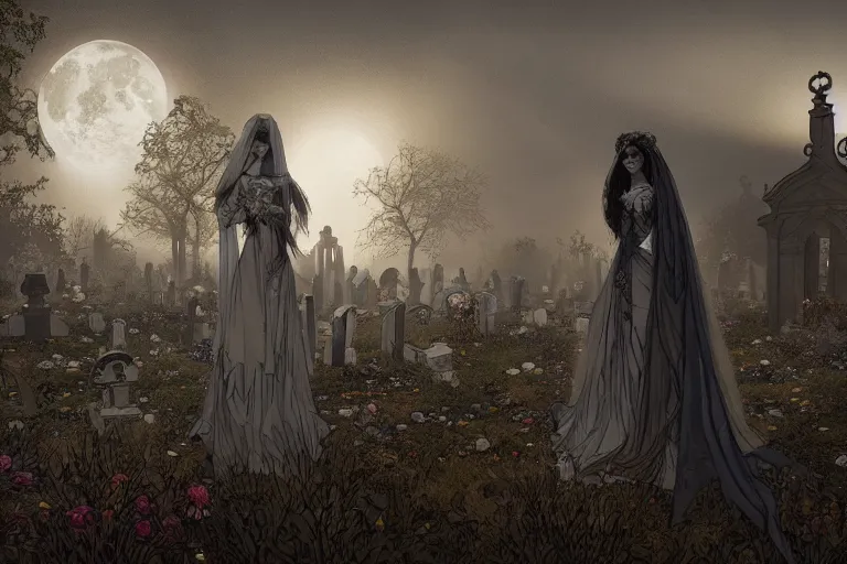 Image similar to an ultra detailed animation of a ghost bride in a graveyard at midnight on halloween, digital art, dark fantasy, concept art, soulslike, by alphonse mucha, blood moon eclipse, ruined building in the background, artstation, 8 k, unreal engine render