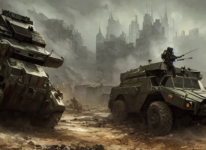 Prompt: A stryker armored vehicle as a call of duty loading screen, intricate, dystopian, sci-fi, extremely detailed, digital painting, artstation, concept art, smooth, sharp focus, illustration, intimidating lighting, incredible art by artgerm and greg rutkowski and alphonse mucha and simon stalenhag