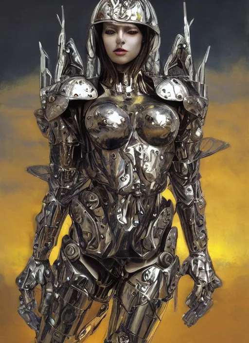 Prompt: a biblical diabolical beautiful female valkyree android, shiny plastic armor, fly, dynamic pose, splashing, heavy eyes to the side, closeup, bright glowing veins, in clouds, rain, sunset, portrait, by gerald brom, by mikhail vrubel, by peter elson, muted colors, extreme detail, reflections, trending on artstation, 8 k