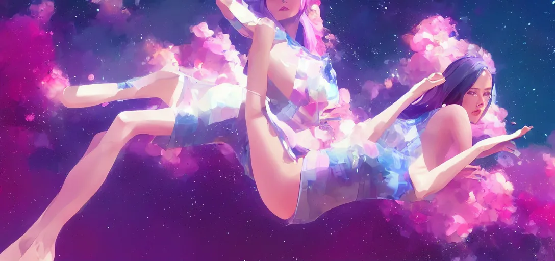 Image similar to beautiful woman floating in space peacefully, crystallized bodysuit, pinks blue an purples, extra long hair, full body, wojtek fus, by Makoto Shinkai and Ilya Kuvshinov,