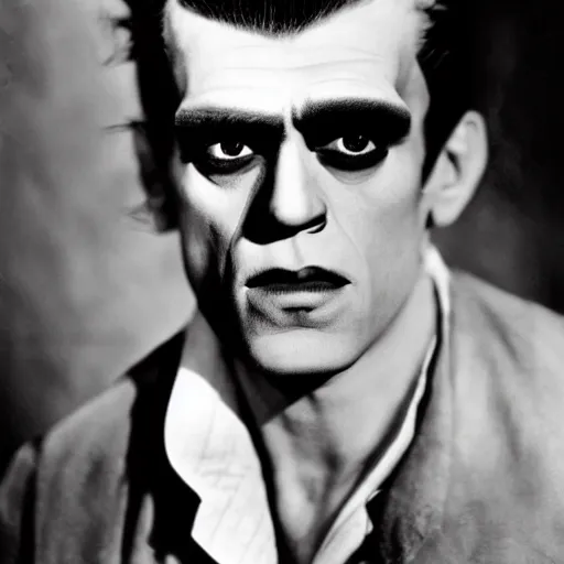 Image similar to portrait of a genetic combination of boris karloff and james dean, handsome frankenstein, cute frankenstein, beautiful frankenstein, smooth frankenstein, beatnik frankenstein, rebel frankenstein, color photography, full color photograph, dynamic lighting, very detailed - h 7 0 4