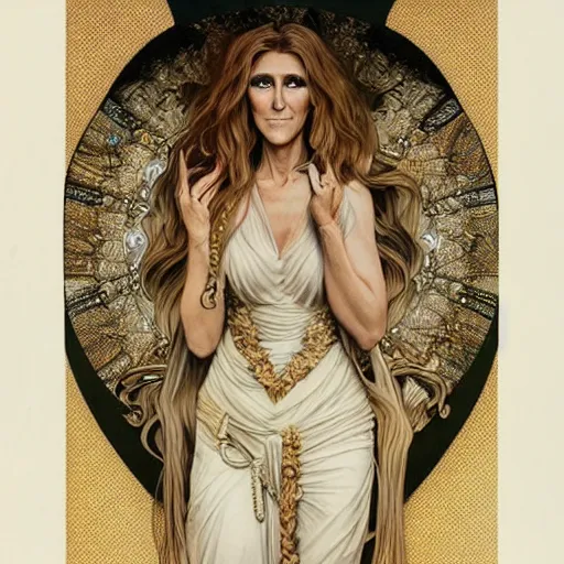 Prompt: amazing lifelike award winning pencil illustration of Celine Dion with gorgon hair trending on art station artgerm Greg rutkowski alphonse mucha cinematic