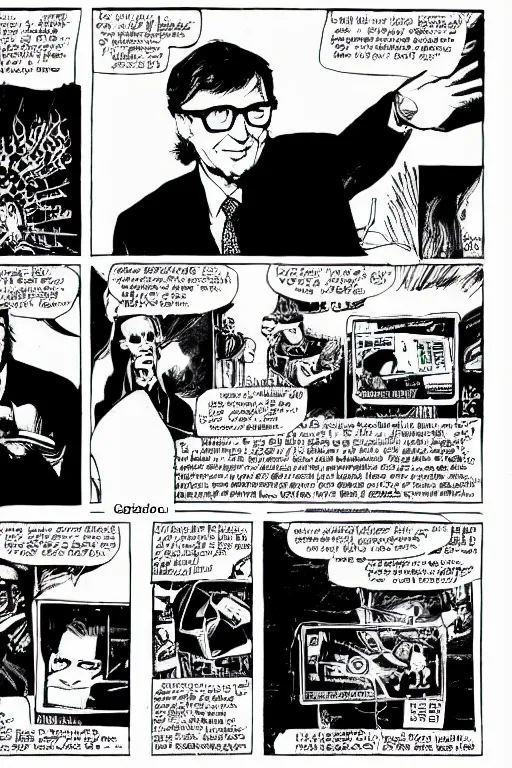 Prompt: microsoft co - founder bill gates presenting the xbox at ces, a page from cyberpunk 2 0 2 0, style of paolo parente, style of mike jackson, adam smasher, johnny silverhand, 1 9 9 0 s comic book style, white background, ink drawing, black and white
