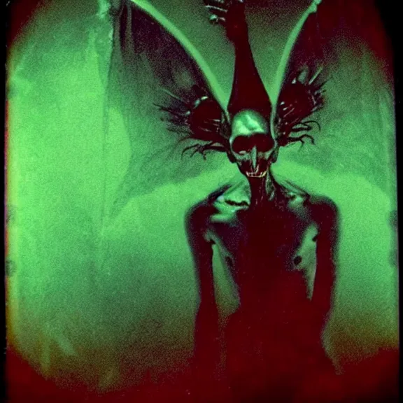 Image similar to a dark artistic photo of an alien creature with crazy wings, big budget horror, a polaroid photo, bleeding decaying colors!