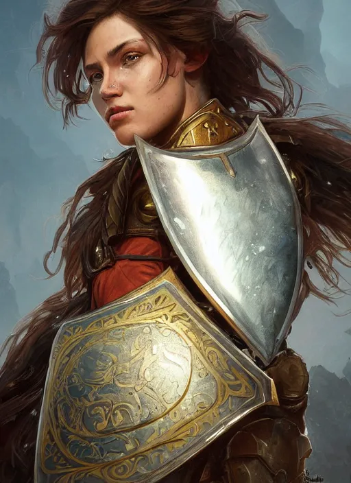 Image similar to portrait of a rugged female as a bruised knight with a shield and armor, fantasy, intricate, headshot, highly detailed, digital painting, artstation, concept art, sharp focus, cinematic lighting, illustration, art by artgerm and greg rutkowski, alphonse mucha, cgsociety