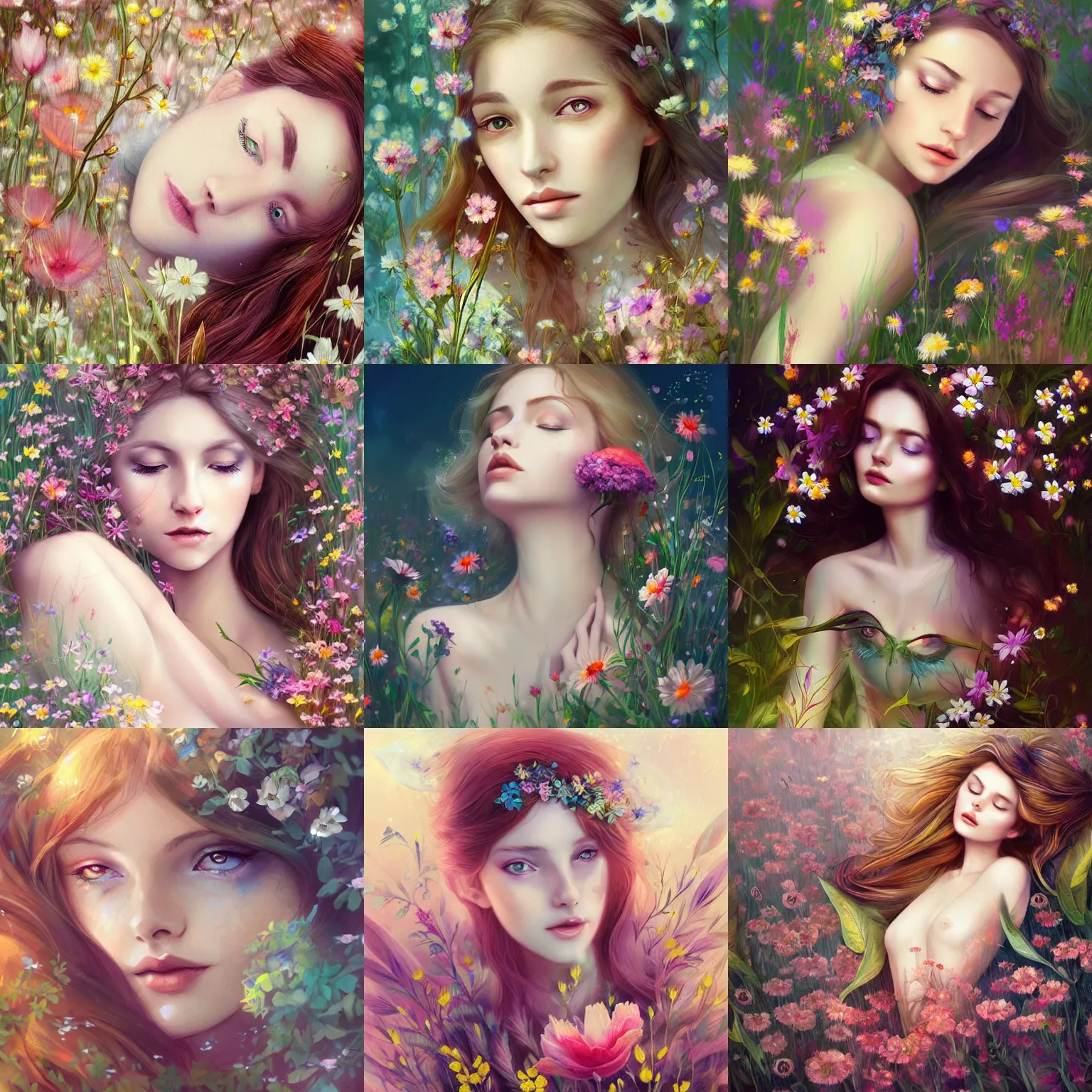 Prompt: A digital painting of a beautiful woman lying in wild flowers, art by Anna Dittmann, beautiful eyes, intricate, ethereal, dreamy, highly detailed, digital painting, Artstation, concept art, smooth, sharp focus, illustration