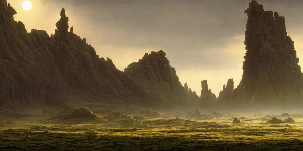 Image similar to background environment without main subject to focus on, volumetric light from nearby sources, style by caspar david friedrich and wayne barlowe and ted nasmith.