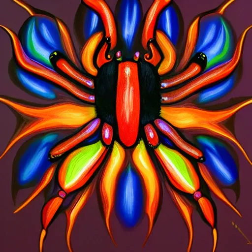 Image similar to a painting of symetrical spider seen from above, made of multicolored crystals, fantasy art, realistic