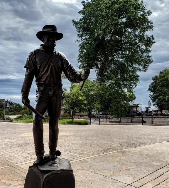 Image similar to a 4 k photorealistic photo medium shot of a bronze statue of a man wearing a fedora holding a sword, standing heroically.