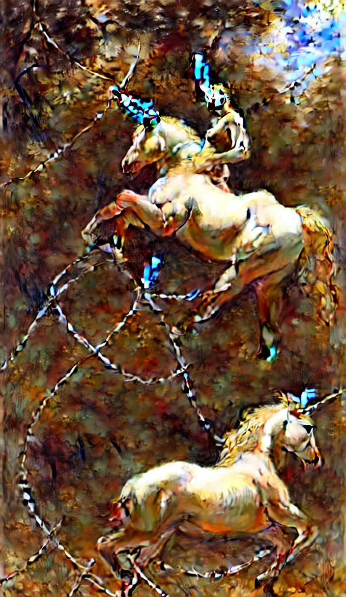 Prompt: unicorn breaking through barbed wire, highly detailed painting by gaston bussiere and j. c. leyendecker and craig mullins