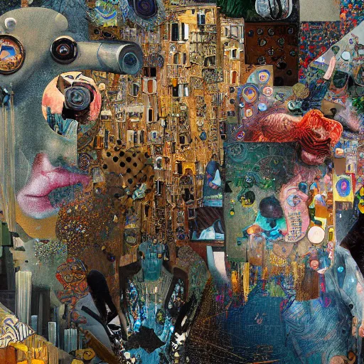 Prompt: the most chaotic, beautiful, insane, bizarre, wacky, mixed media collage, Dadaist, Picasso, Klimt, giraud, kinkade, artstation, hyper detailed, digital art, deep and dense coloration, vivid, chaotic, octane render