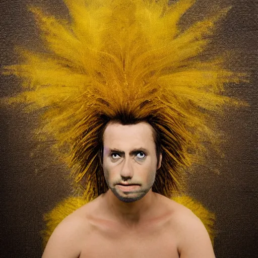 Image similar to a beautiful performance art of a self - portrait of the artist. he is shown with his head turned to the left, looking at the viewer. his hair is wild and his eyes are wide open. his right hand is raised, as if he is pointing at something. goldenrod by ingrid baars apocalyptic