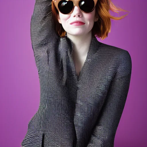 Prompt: Fully-clothed full-body portrait of Emma Stone wearing sun glasses, XF IQ4, 50mm, F1.4, studio lighting, professional, 8K