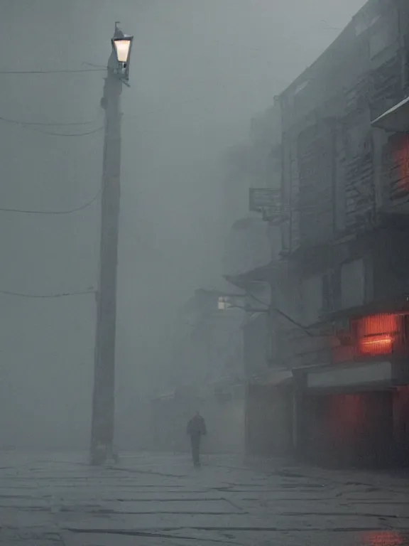 Prompt: bladerunner 2 0 4 9 fillm still of low residential building in russian suburbs, lights are on in the windows, deep night, post - soviet courtyard, cozy atmosphere, light fog, street lamps with orange light, several birches nearby, several elderly people stand at the entrance to the building