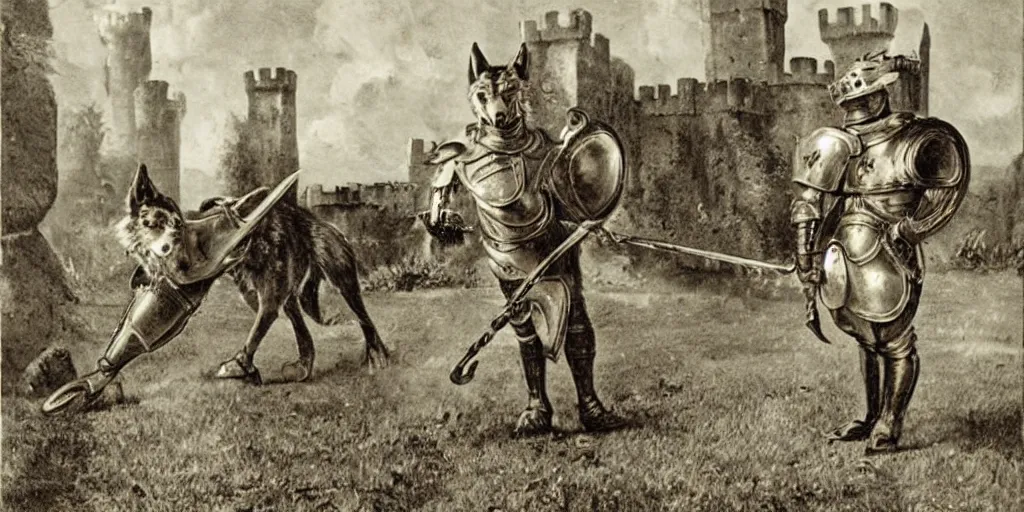 Image similar to anthropomorphic furry wolf in armor fighting in front of a castle, 1900s picture