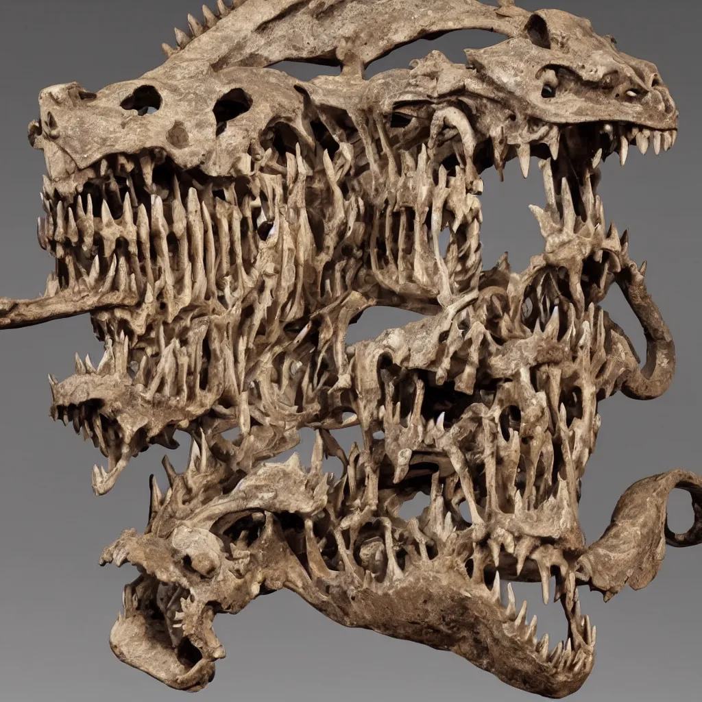 Image similar to a fossilized Chinese dragon skeleton, museum photo