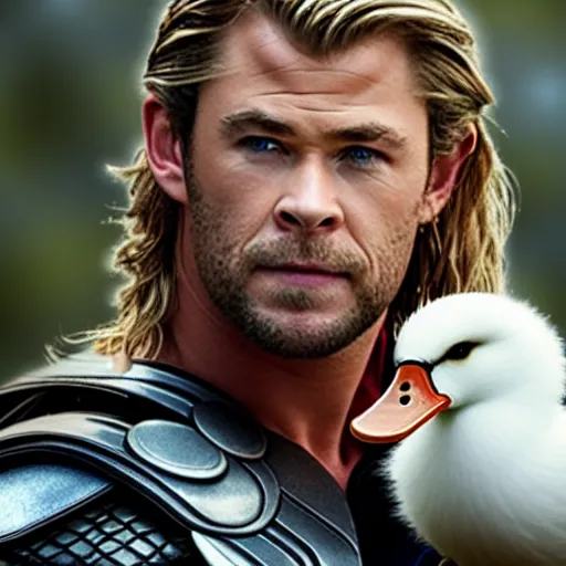 Image similar to chris hemsworth as thor holding a duck, highly detailed, realistic face, 4k, hd