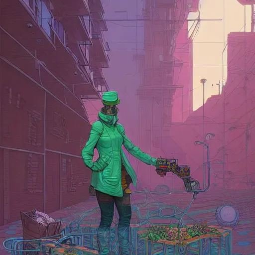 Image similar to A solarpunk farmer cyborg on the street of a solarpunk city art by Josan Gonzalez, sci-fi, highly detailed, digital painting, artstation, smooth, sharp focus, illustration, concept art by Josan Gonzalez and James Gurney and Mœbius