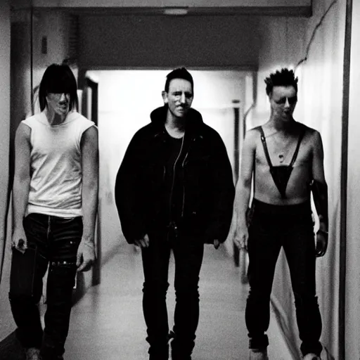 Prompt: candid photo of Trent Reznor, David Bowie, and Gary Numan walking and laughing like high school students in a hallway