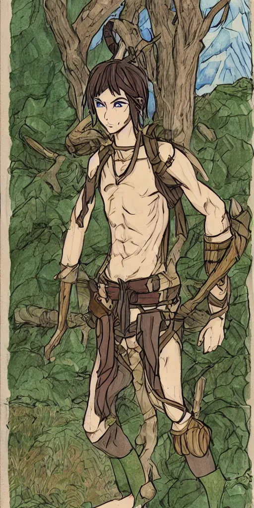 Image similar to an wood elf boy getting ready for an high fantasy adventure on the mountain side, anime style, tarot card, Tarot card the fool, fine line work