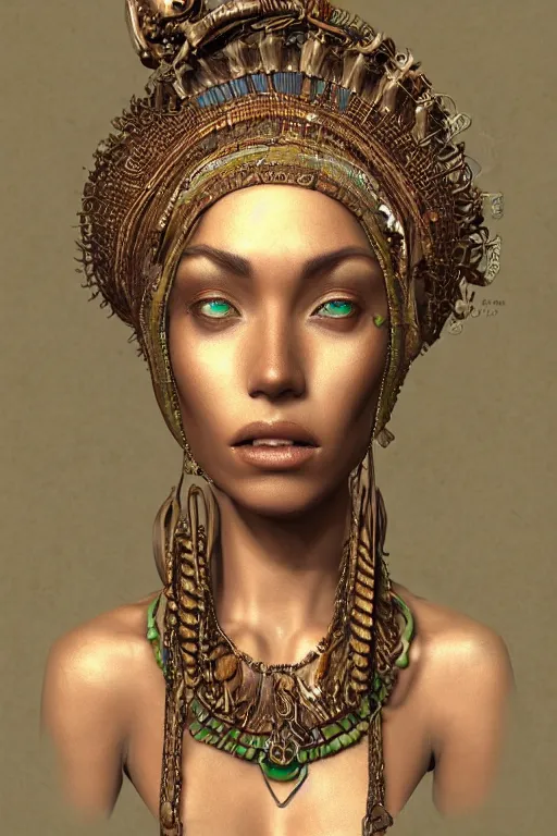 Image similar to a woman wearing a headdress and a necklace, a bronze sculpture by Bastien Lecouffe-Deharme, trending on cgsociety, afrofuturism, zbrush, daz3d, detailed painting