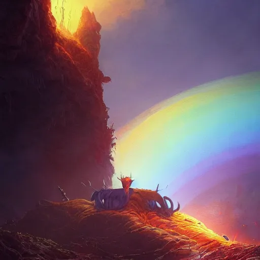 Image similar to The Rainbow cat enthroned in hell , hyperrealism, no blur, 4k resolution, ultra detailed, style of Dragan Bibin, Denis Villeneuve, Tyler Edlin, Greg Rutkowski, DeviantArt