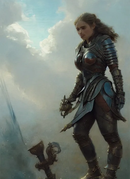 Image similar to short muscular woman wearing thick medieval armour, emilia clarke, detailed by gaston bussiere, bayard wu, greg rutkowski, maxim verehin, greg rutkowski, masterpiece, sharp focus, cinematic lightning