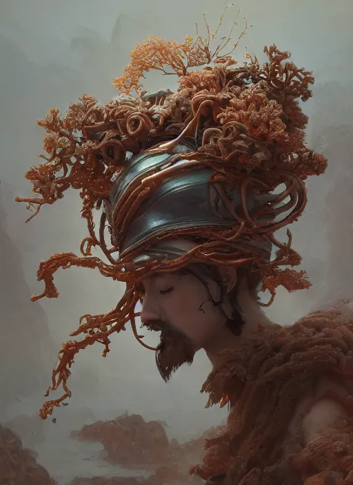 Image similar to Helmet of a forgotten Deity, ivory, copper cables, corals, plume of seaweed, extremly detailed digital painting, in the style of Fenghua Zhong and Ruan Jia and jeremy lipking and Peter Mohrbacher, mystical colors, rim light, beautiful lighting, 8k, stunning scene, raytracing, octane, trending on artstation