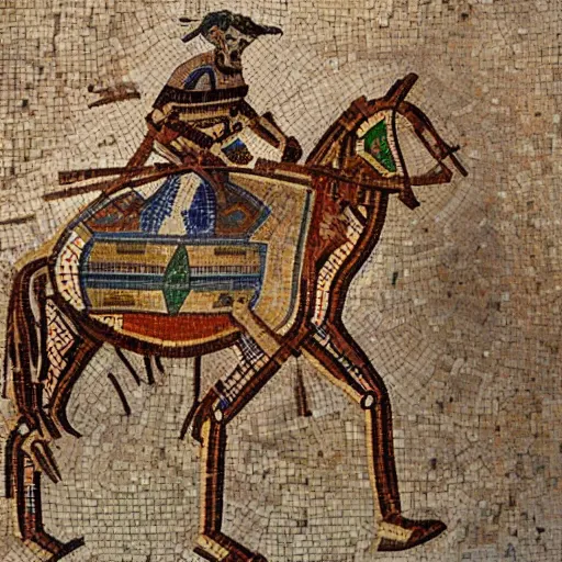 Prompt: roman mosaic of a pack mule and a robot, beautiful, highly detailed, 8k