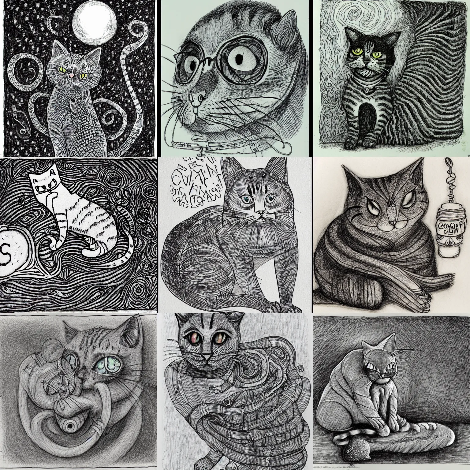 Prompt: a cynic contented cat contemplaiting its existence, drawing, lovecraft, pen and ink, fine details,